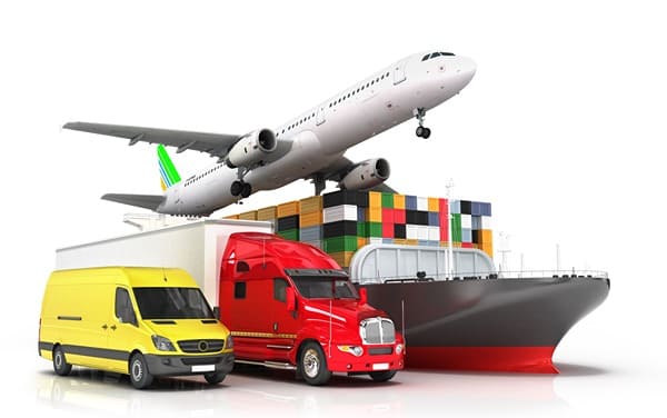 An illustration showing a delivery truck, a semi-truck, a container ship, and an airplane