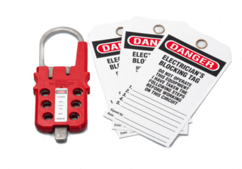 A lockout/tagout lock and tags