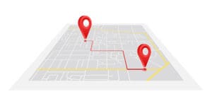 A digital map showing the route between a starting point and destination