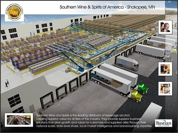 A virtual simulation of a distribution center showing the loading dock and inside storage area
