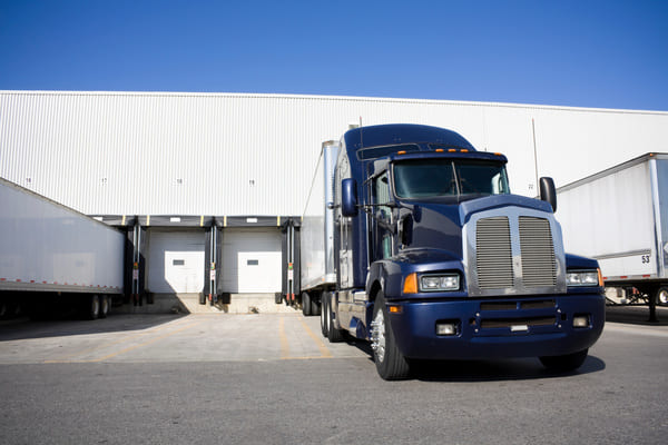 A semi-truck and trailer backed into a loading dock