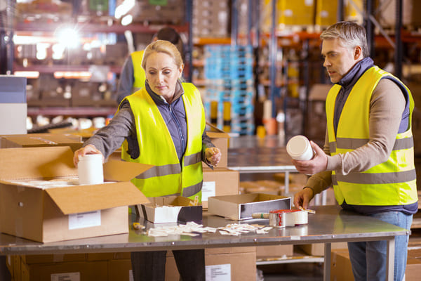 Two warehouse workers packing items in a cardboard box