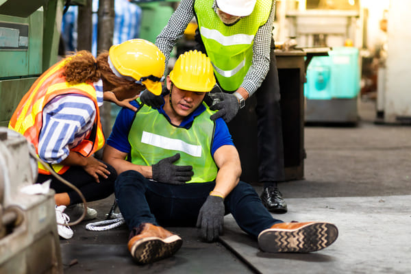 A warehouse worker sitting on the floor injured, grasping their stomach