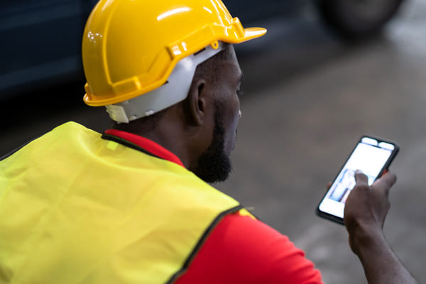 A warehouse worker checking their smartphone