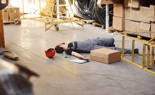A warehouse worker unconscious on the floor after a fall from a ladder