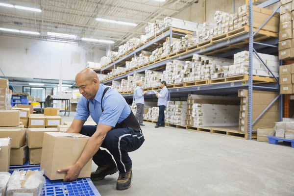 A warehouse worker bending down to lift a cardboard box