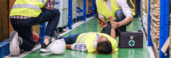 Employees in a warehouse rendering first aid to an injured employee