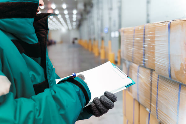 A worker wearing winter gloves and a winter jacket writing on a clipboard