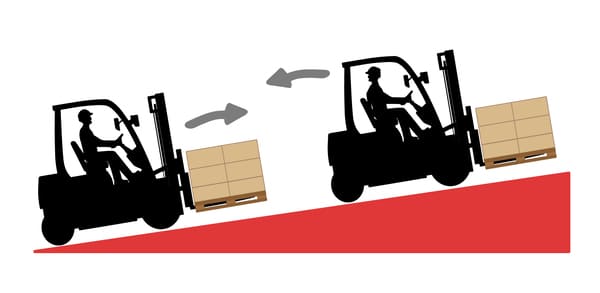 An illustration of 2 loaded forklifts travelling up and down a ramp