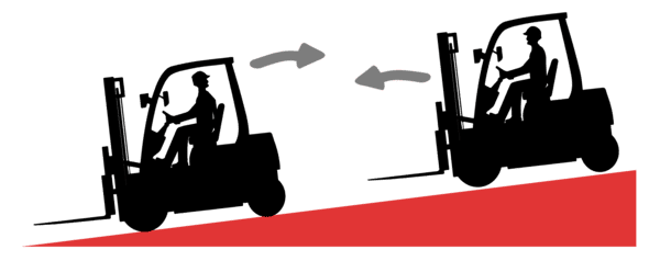 An illustration of 2 unloaded forklifts driving up and down a ramp