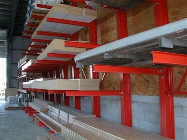 A cantilever racking system holding lumber