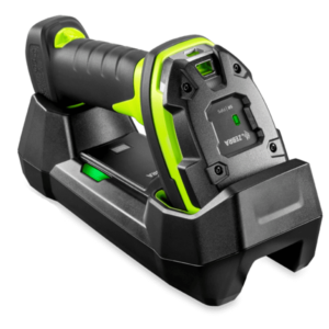 A rugged RF barcode scanner sitting in its cradle