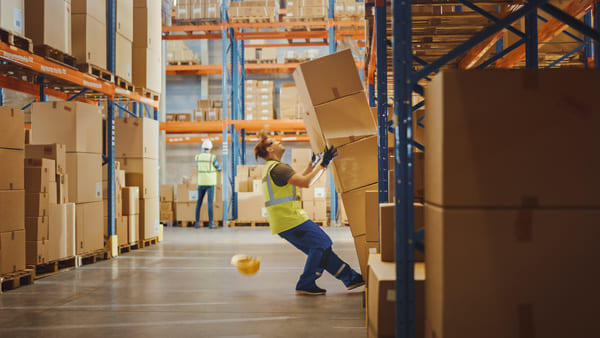 A stack of boxes falling over on a warehouse worker