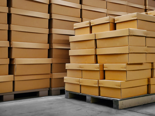A stack of boxes on a skid in a warehouse
