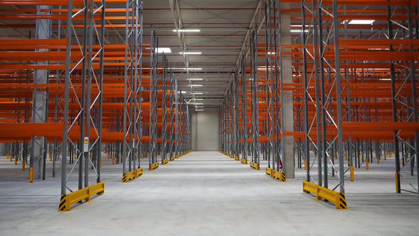An empty warehouse lined with rows of empty pallet racking