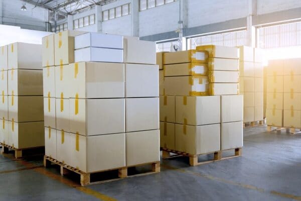 A group of pallets placed on the floor in a warehouse