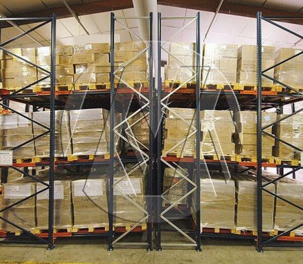 A push-back racking system with pallets loaded in it