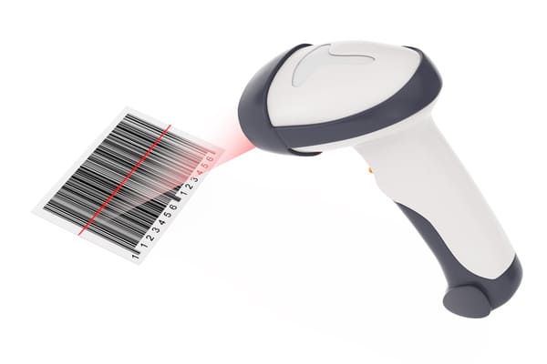 A wireless RF scanner scanning a barcode with a red laser beam