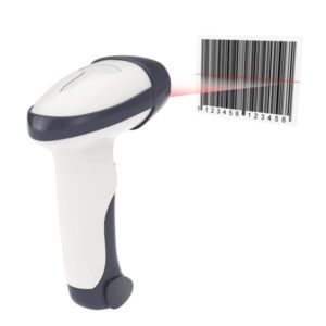 A wireless RF scanner scanning a barcode with a red laser beam