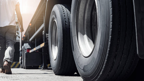 A truck driver walking past their semi-trailer