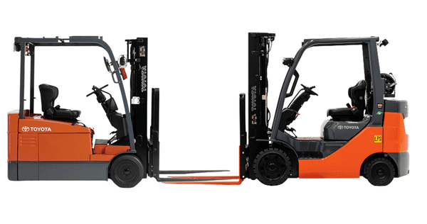 A Toyota electric 3-wheel forklift parked in front of a Toyota LPG forklift