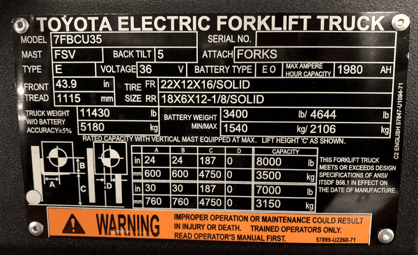 A Toyota 7FBCU35 electric forklift data plate