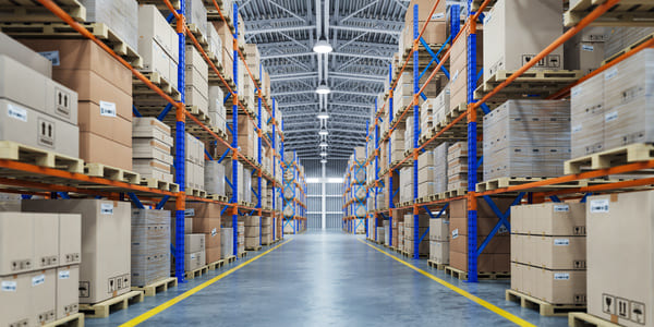 A warehouse aisle lined with pallet racking, pallets, and boxes