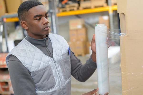 A warehouse worker wrapping a pallet in shrink wrap