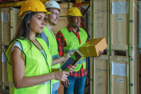 Warehouse workers looking out while holding equipment