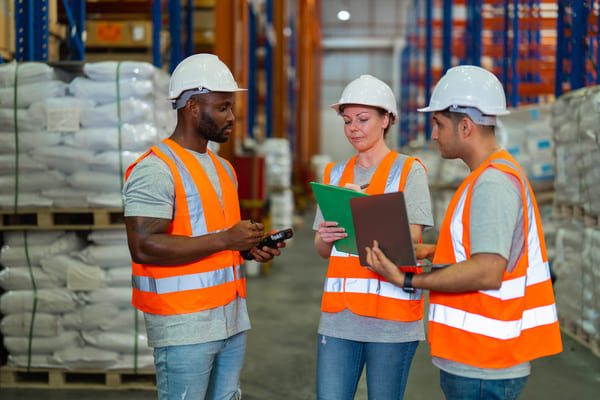 A group of warehouse workers holding a discussion