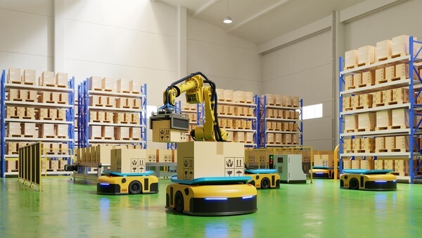 Robots loaded by robots in a small warehouse