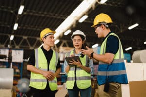 Warehouse worker meeting