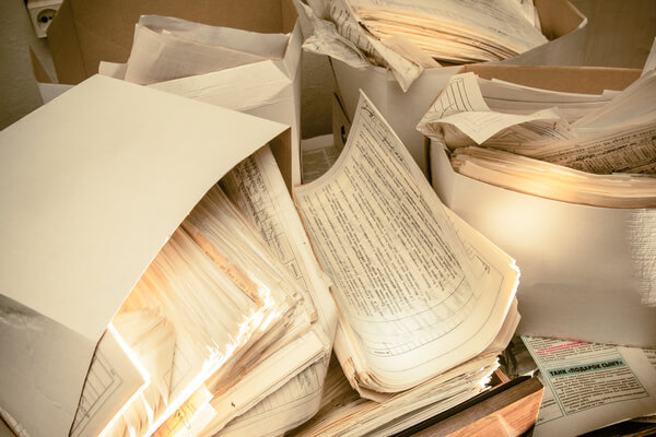 A pile of crumpled papers sloppily scattered among boxes