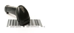 A wireless RF scanner scanning a barcode