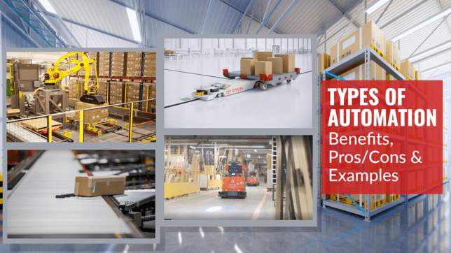 Featured image showing a Bastian robotic palletizer, a Toyota automated tow tractor, a conveyor line, and a Toyota "mouse" automated cart, for "Types of Automation (Benefits, Pros/Cons, Examples)" - a blog post by Conger Industries