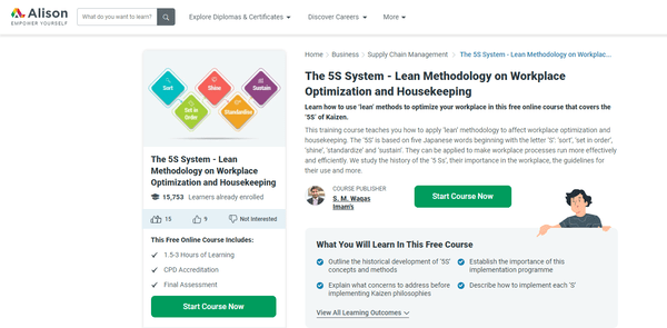 Alison's The 5S System: Lean Methodology on Workplace Optimization (screenshot taken 1/11/2023)