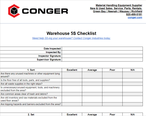 A screenshot of Conger Industries' free downloadable Warehouse 5S Checklist