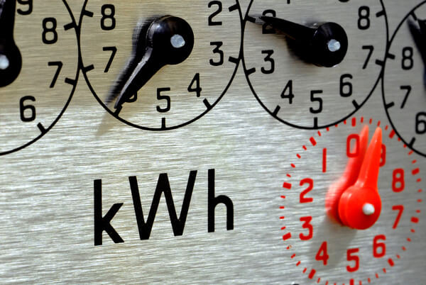 An electrical usage counter with dials in kilowatt-hours (kWh)