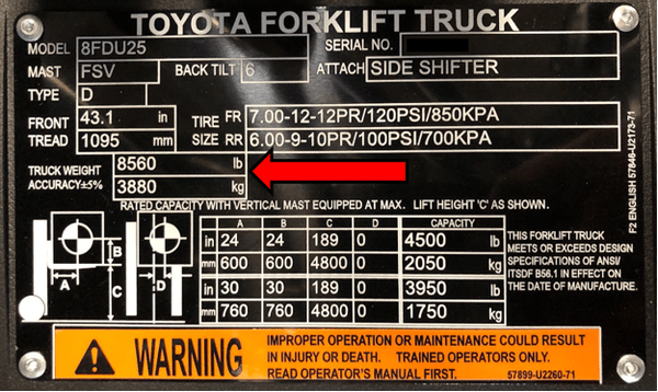 toyota-8fdu25-forklift-data-plate-truck-weight The data plate for a Toyota 8FDU25 forklift with the truck weight (8,500 lbs.) marked by an arrow