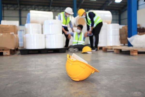 A hard hat laying on the floor of a warehouse while, in the background, colleagues help a coworker up who has fallen