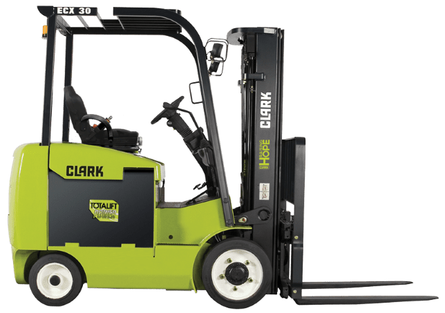 A CLARK ECX30 electric stand-up rider forklift