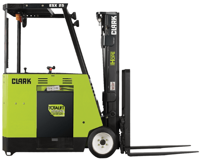 A CLARK ESX25 electric stand-up rider forklift