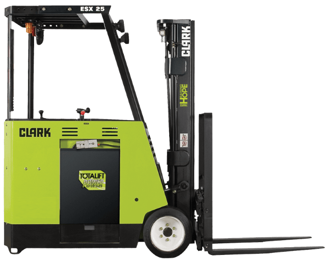 clark-esx25-electric-stand-up-rider-forklift A CLARK ESX25 electric stand-up rider forklift