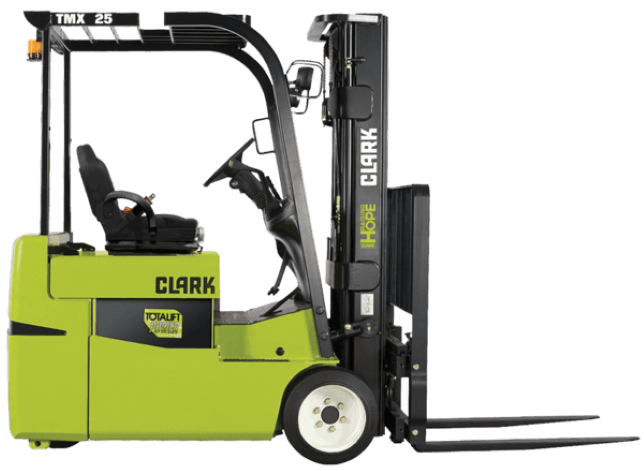 clark-tmx25-electric-sit-down-rider-forklift A CLARK TMX25 electric sit-down rider forklift