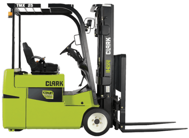 A CLARK TMX25 electric sit-down rider forklift