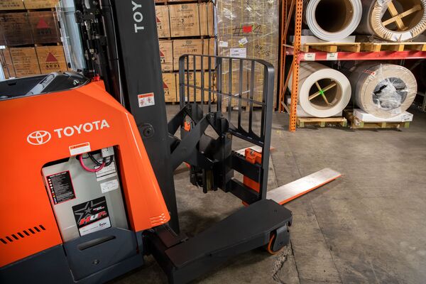 A Toyota multi-directional reach truck with the pantograph extended