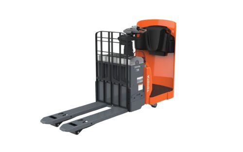 A Toyota side-entry end rider pallet jack as viewed from the front