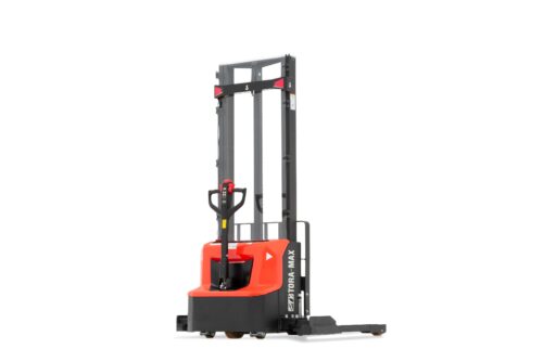 A Tora-Max walkie stacker forklift viewed from behind the operator's controls