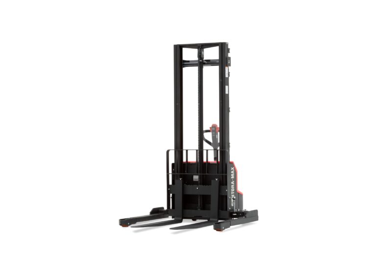 A Tora-Max walkie stacker forklift viewed from the front