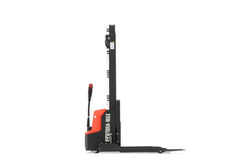 A Tora-Max walkie stacker forklift viewed from the side